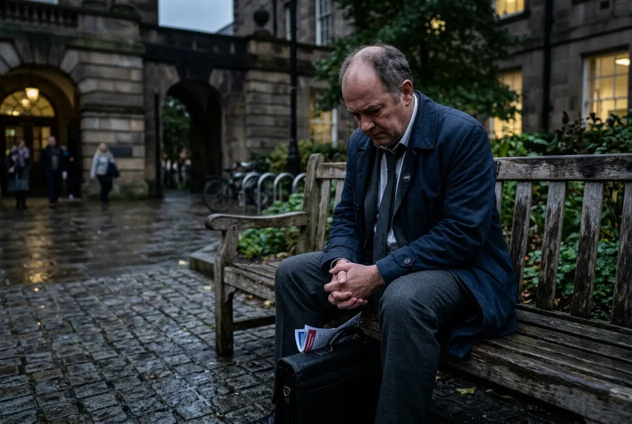 A politician sitting alone after losing the party whip - detail